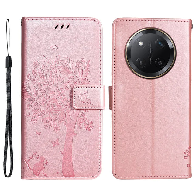 For Honor X60 Pro 5G / Magic7 Lite 5G / X9c 5G Case Cat Tree Pattern Flip Leather Phone Cover - Rose Gold