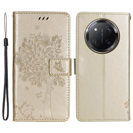 For Honor X60 Pro 5G / Magic7 Lite 5G / X9c 5G Case Cat Tree Pattern Flip Leather Phone Cover - Gold