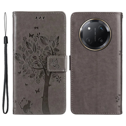 For Honor X60 Pro 5G / Magic7 Lite 5G / X9c 5G Case Cat Tree Pattern Flip Leather Phone Cover - Grey