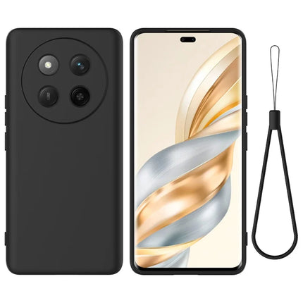 For Honor X60 Pro 5G Case Liquid Silicone Phone Back Cover with Hand Strap - Black