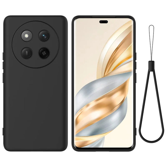 For Honor X60 Pro 5G Case Liquid Silicone Phone Back Cover with Hand Strap - Black