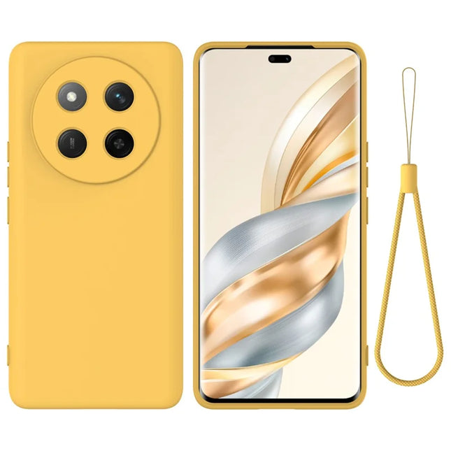For Honor X60 Pro 5G Case Liquid Silicone Phone Back Cover with Hand Strap - Yellow
