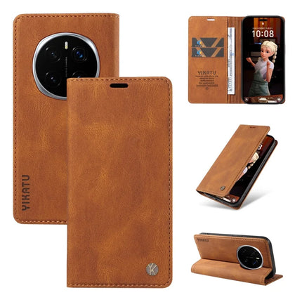 For Honor Magic7 Pro 5G Leather Cover YIKATU YK-004 Skin-Touch Wallet Phone Cases - Brown