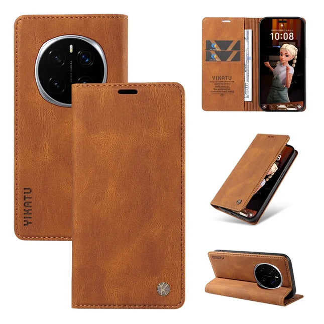 For Honor Magic7 Pro 5G Leather Cover YIKATU YK-004 Skin-Touch Wallet Phone Cases - Brown