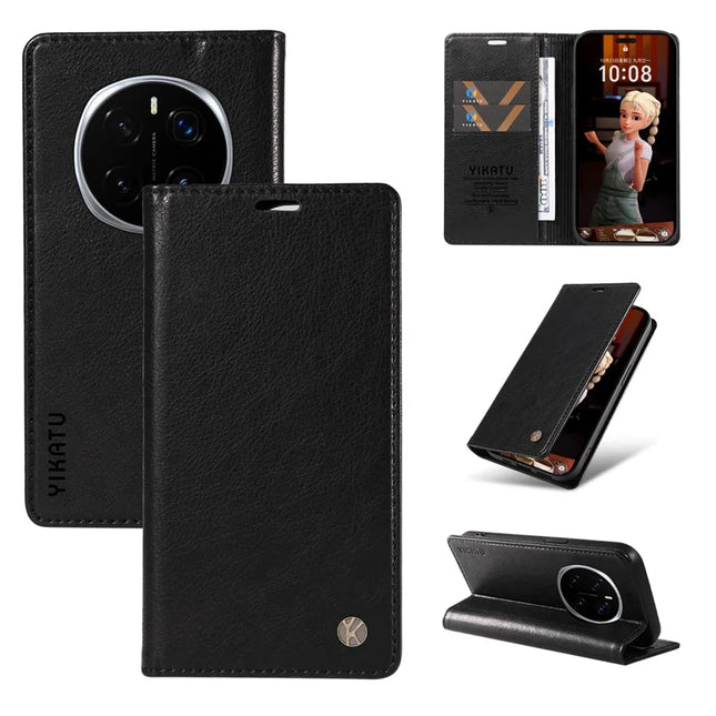 For Honor Magic7 Pro 5G Wallet Case YIKATU YK-006 Magnetic Closure Leather Phone Cover Litchi Texture - Black