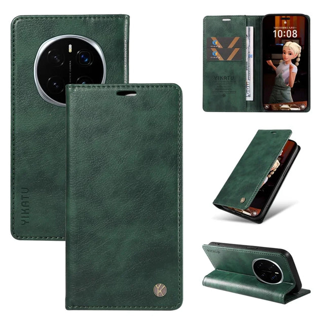 For Honor Magic7 Pro 5G Wallet Case YIKATU YK-006 Magnetic Closure Leather Phone Cover Litchi Texture -  Green