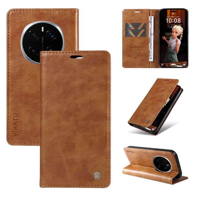 For Honor Magic7 Pro 5G Wallet Case YIKATU YK-006 Magnetic Closure Leather Phone Cover Litchi Texture -  Brown