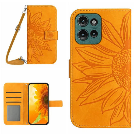 For Motorola Moto G 5G (2025) Case Sunflower Imprint PU Leather Phone Cover with Long Strap - Yellow