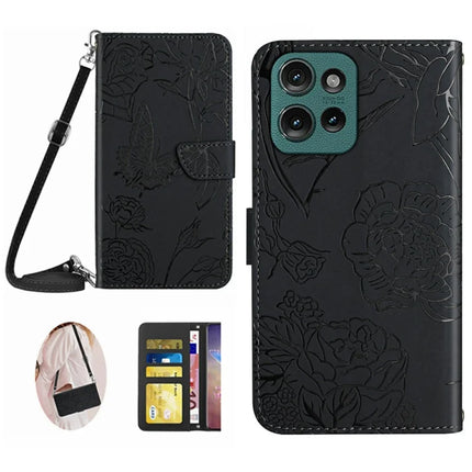 For Motorola Moto G 5G (2025) Case Butterfly Flower Imprint Leather Phone Cover with Shoulder Strap - Black
