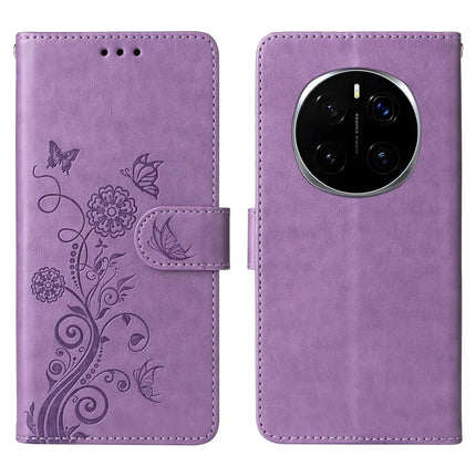 For Honor Magic7 Pro 5G Leather Case Butterfly Floral Imprint Wallet Stand Cover - Purple