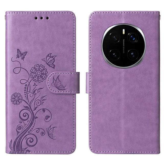 For Honor Magic7 Pro 5G Leather Case Butterfly Floral Imprint Wallet Stand Cover - Purple