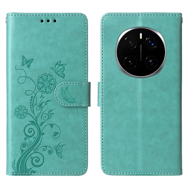 For Honor Magic7 Pro 5G Leather Case Butterfly Floral Imprint Wallet Stand Cover - Green