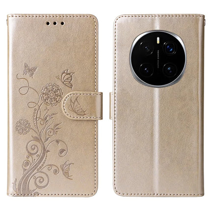 For Honor Magic7 Pro 5G Leather Case Butterfly Floral Imprint Wallet Stand Cover - Gold
