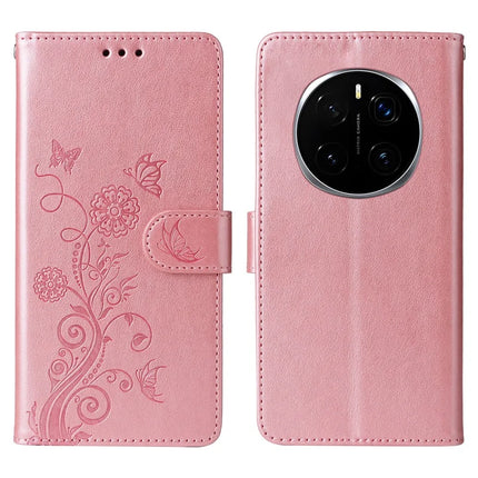 For Honor Magic7 Pro 5G Leather Case Butterfly Floral Imprint Wallet Stand Cover - Pink