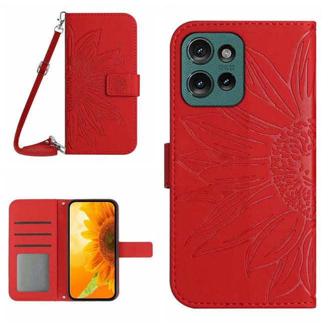 For Motorola Moto G Play (2025) 4G / G Power (2025) Case Sunflower Imprint PU Leather Phone Cover with Long Strap - Red