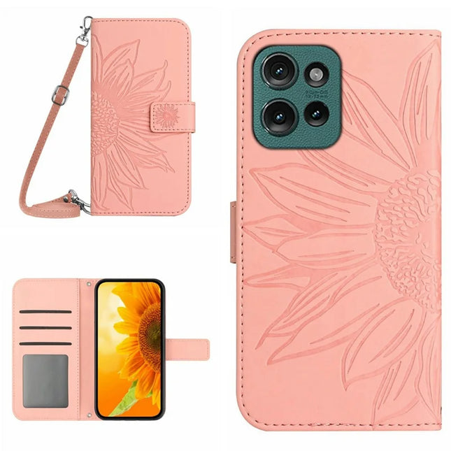 For Motorola Moto G Play (2025) 4G / G Power (2025) Case Sunflower Imprint PU Leather Phone Cover with Long Strap - Pink
