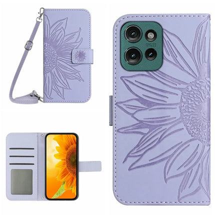 For Motorola Moto G Play (2025) 4G / G Power (2025) Case Sunflower Imprint PU Leather Phone Cover with Long Strap - Light Purple