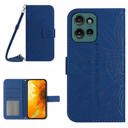 For Motorola Moto G Play (2025) 4G / G Power (2025) Case Sunflower Imprint PU Leather Phone Cover with Long Strap - Sapphire