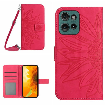 For Motorola Moto G Play (2025) 4G / G Power (2025) Case Sunflower Imprint PU Leather Phone Cover with Long Strap - Rose