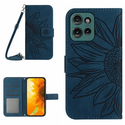 For Motorola Moto G Play (2025) 4G / G Power (2025) Case Sunflower Imprint PU Leather Phone Cover with Long Strap - Dark Blue