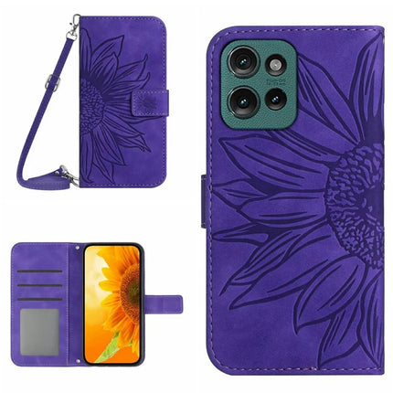 For Motorola Moto G Play (2025) 4G / G Power (2025) Case Sunflower Imprint PU Leather Phone Cover with Long Strap - Dark Purple