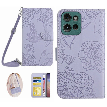 For Motorola Moto G Play (2025) 4G / G Power (2025) Case Butterfly Flower Imprint Leather Phone Cover with Shoulder Strap - Purple