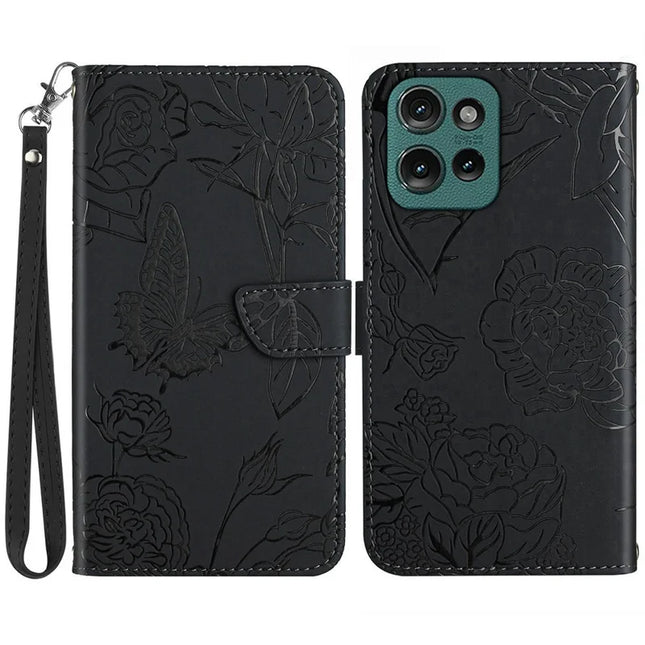 For Motorola Moto G Play (2025) 4G / G Power (2025) Case Leather Phone Cover with Strap, Butterfly Flower Imprint - Black