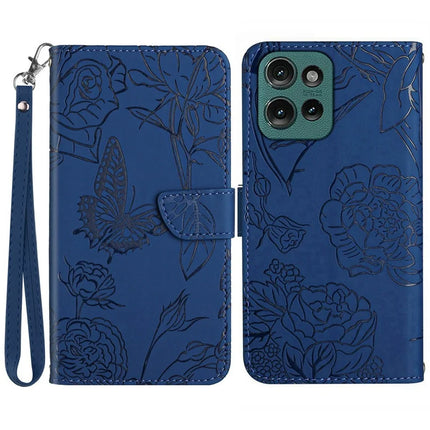 For Motorola Moto G Play (2025) 4G / G Power (2025) Case Leather Phone Cover with Strap, Butterfly Flower Imprint - Blue