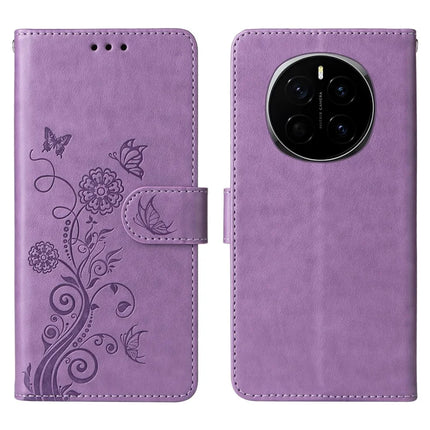 For Honor Magic7 5G Leather Case Butterfly Floral Imprint Wallet Stand Cover - Purple