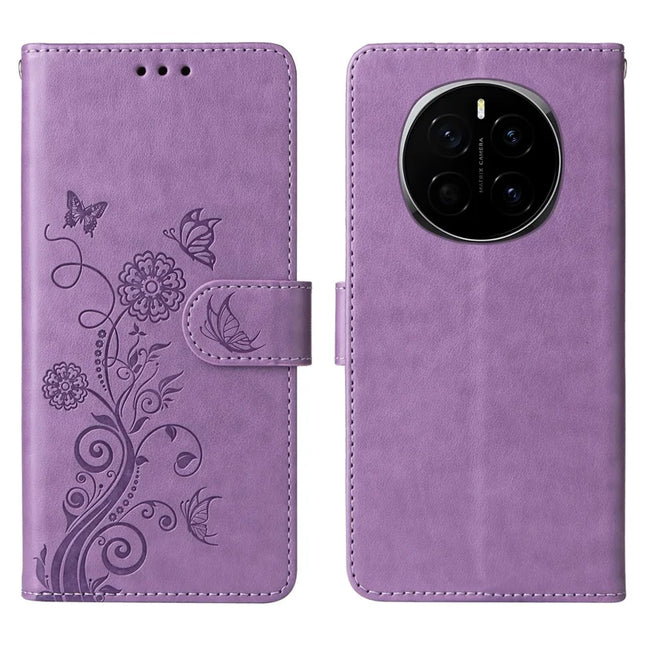 For Honor Magic7 5G Leather Case Butterfly Floral Imprint Wallet Stand Cover - Purple