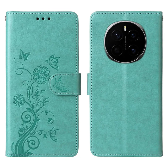 For Honor Magic7 5G Leather Case Butterfly Floral Imprint Wallet Stand Cover - Green