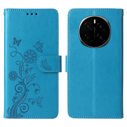 For Honor Magic7 5G Leather Case Butterfly Floral Imprint Wallet Stand Cover - Blue