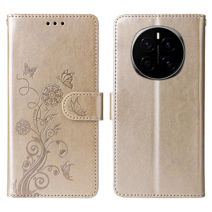For Honor Magic7 5G Leather Case Butterfly Floral Imprint Wallet Stand Cover - Gold