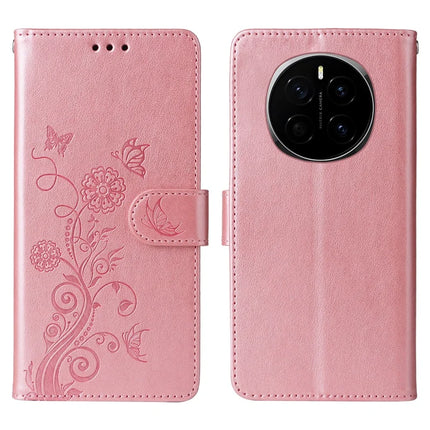 For Honor Magic7 5G Leather Case Butterfly Floral Imprint Wallet Stand Cover - Pink
