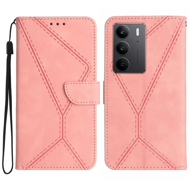 For Realme C75 Case Skin Touch Lines PU Leather Flip Phone Cover - Pink