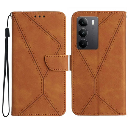 For Realme C75 Case Skin Touch Lines PU Leather Flip Phone Cover - Brown