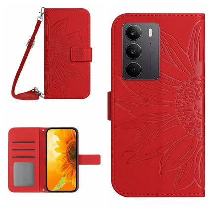 For Realme C75 Case Sunflower Imprint PU Leather Phone Cover with Long Strap - Red