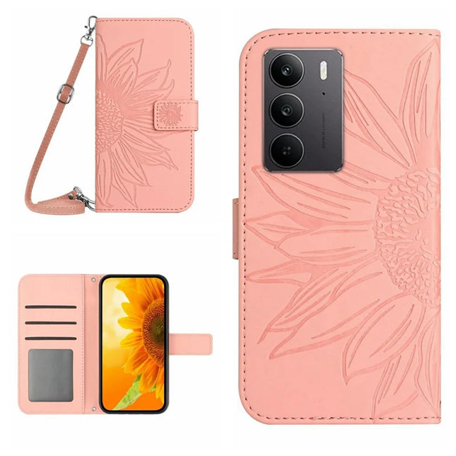 For Realme C75 Case Sunflower Imprint PU Leather Phone Cover with Long Strap - Light Pink