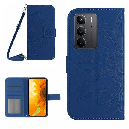 For Realme C75 Case Sunflower Imprint PU Leather Phone Cover with Long Strap - Sapphire