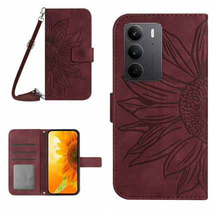 For Realme C75 Case Sunflower Imprint PU Leather Phone Cover with Long Strap - Wine Red