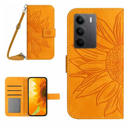 For Realme C75 Case Sunflower Imprint PU Leather Phone Cover with Long Strap - Yellow
