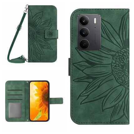 For Realme C75 Case Sunflower Imprint PU Leather Phone Cover with Long Strap - Blackish Green