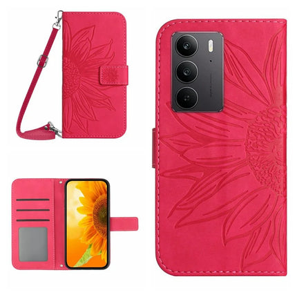 For Realme C75 Case Sunflower Imprint PU Leather Phone Cover with Long Strap - Rose