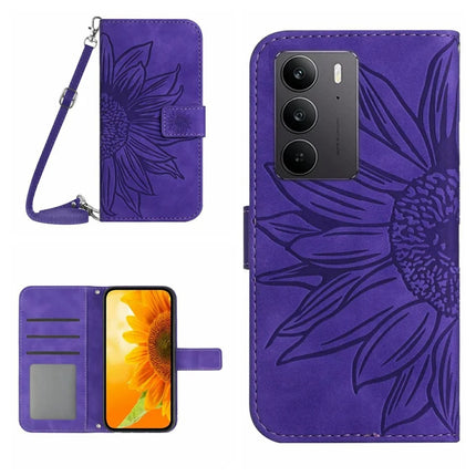 For Realme C75 Case Sunflower Imprint PU Leather Phone Cover with Long Strap - Dark Purple