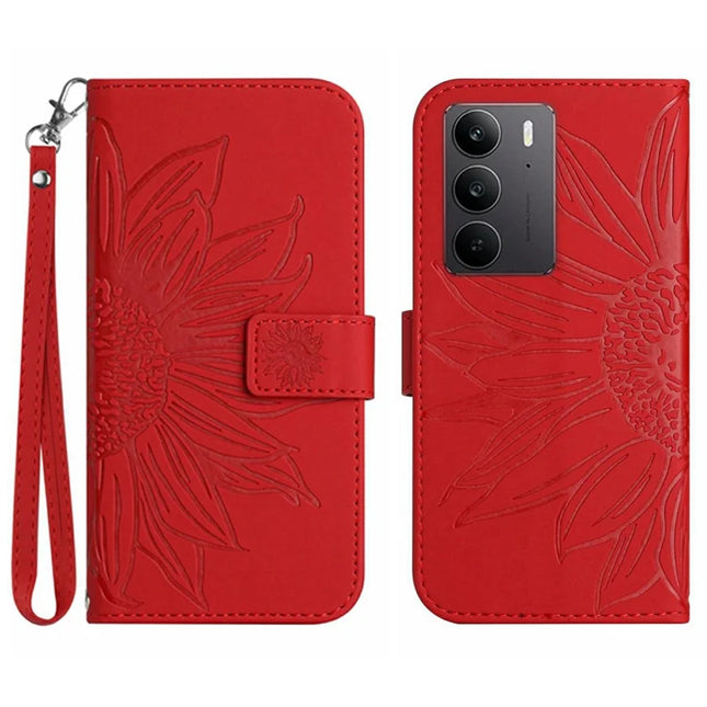 For Realme C75 Case Sunflower Imprint Leather Wallet Phone Cover with Wrist Strap - Red
