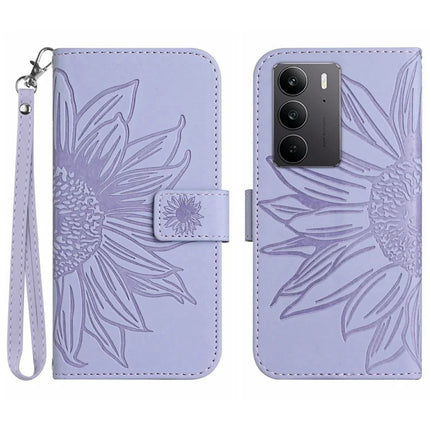 For Realme C75 Case Sunflower Imprint Leather Wallet Phone Cover with Wrist Strap - Light Purple