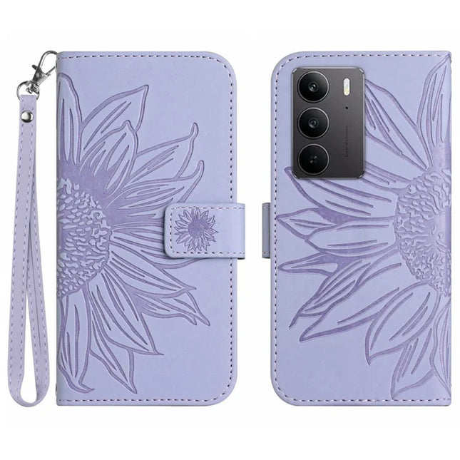 For Realme C75 Case Sunflower Imprint Leather Wallet Phone Cover with Wrist Strap - Light Purple
