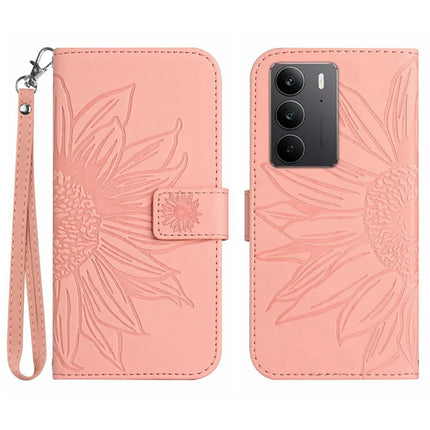 For Realme C75 Case Sunflower Imprint Leather Wallet Phone Cover with Wrist Strap - Light Pink