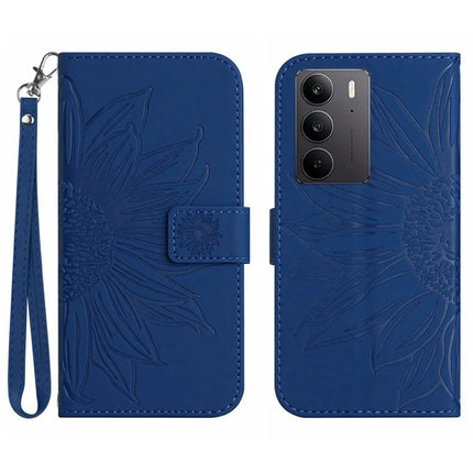 For Realme C75 Case Sunflower Imprint Leather Wallet Phone Cover with Wrist Strap - Sapphire