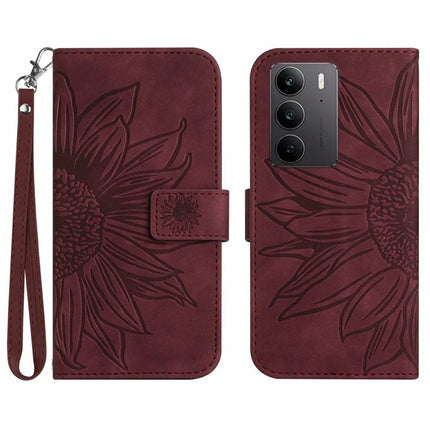 For Realme C75 Case Sunflower Imprint Leather Wallet Phone Cover with Wrist Strap - Wine Red